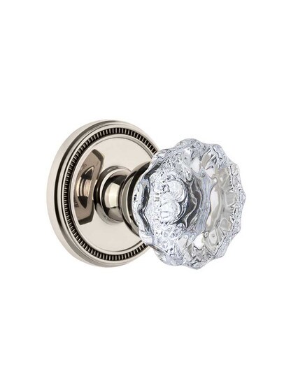 Grandeur Soleil Rosette Door Set with Fontainebleau Crystal-Glass Knobs in Polished Nickel.